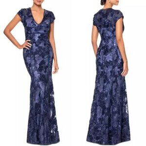Betsy & Adam Navy Blue Sequin Soutache V-Neck Mermaid Gown